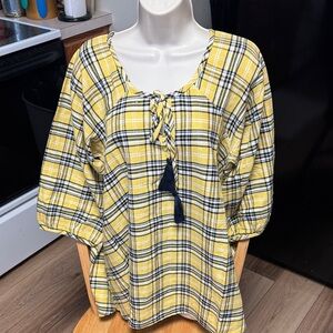 Rhea NWT S/M BOHO Yellow blue puff sleeve tassel tie neck Plaid Swing Tunic top